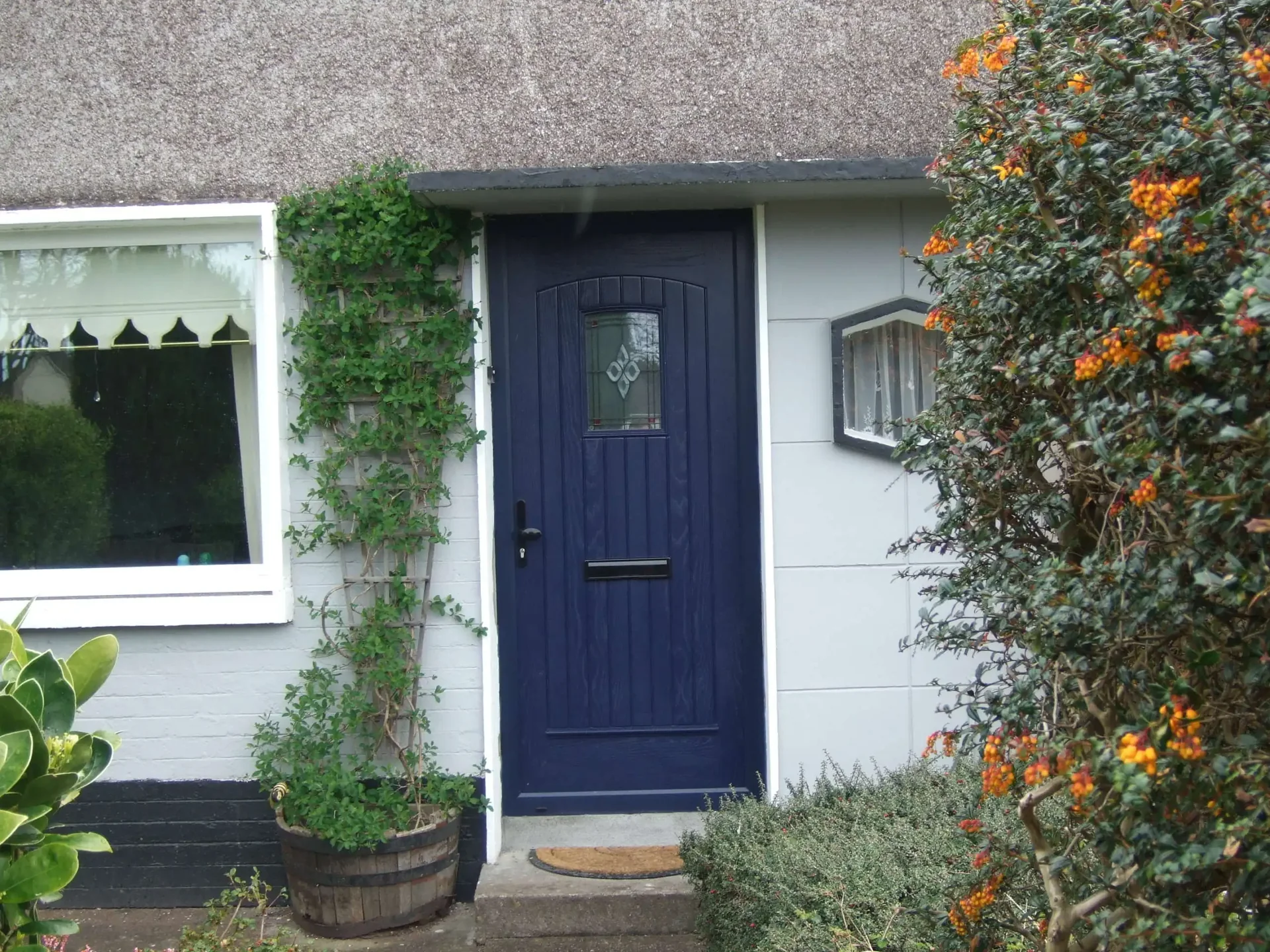 Blue composite front door with a glazed panel and climbing plants around the entrance